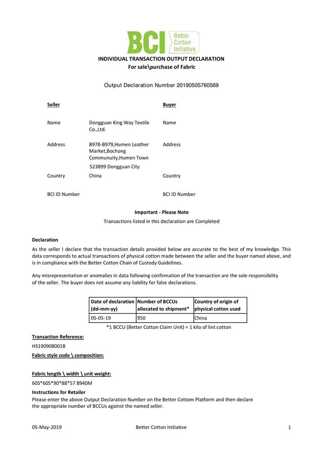 Better Cotton certificate