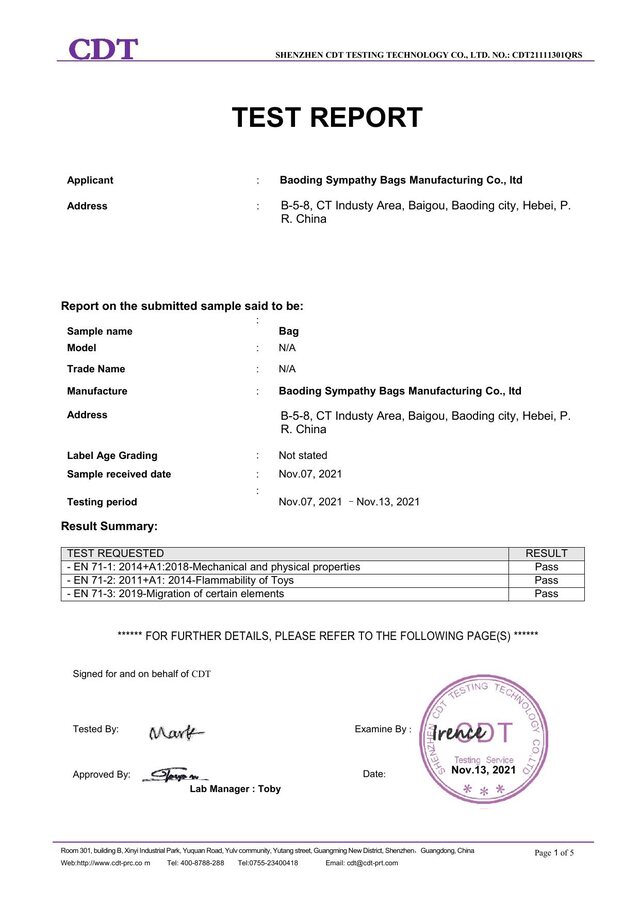 EN 71 Report certificate