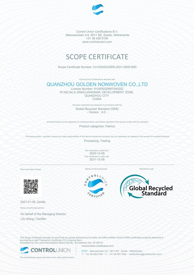 GRS Recycled certificate